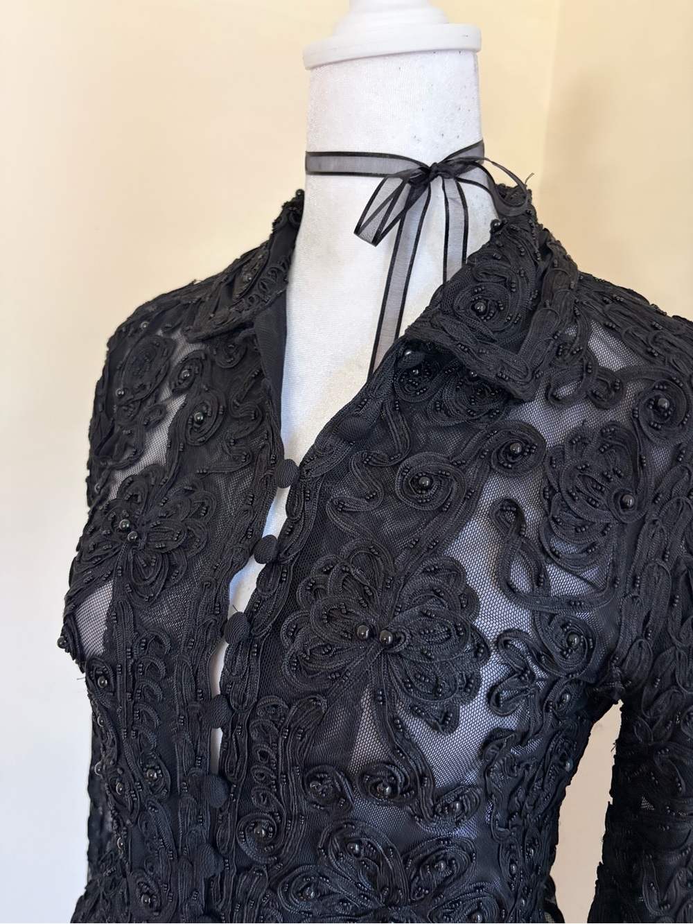 Vintage Y2K Cache beaded embroidered lace formal black blouse goth European M - Picture 4 of 11